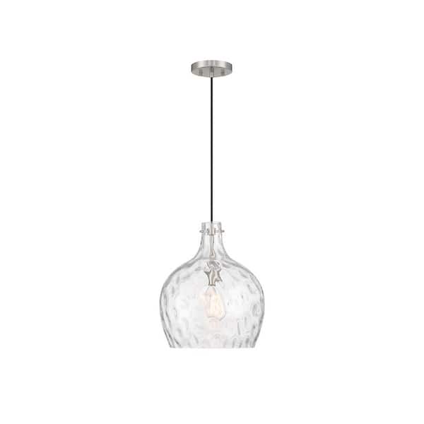 TUXEDO PARK LIGHTING 12.75 in. W x 15 in. H 1-Light Brushed Nickel Coastal Pendant Light with Hammered Glass Shade, No Bulb Included