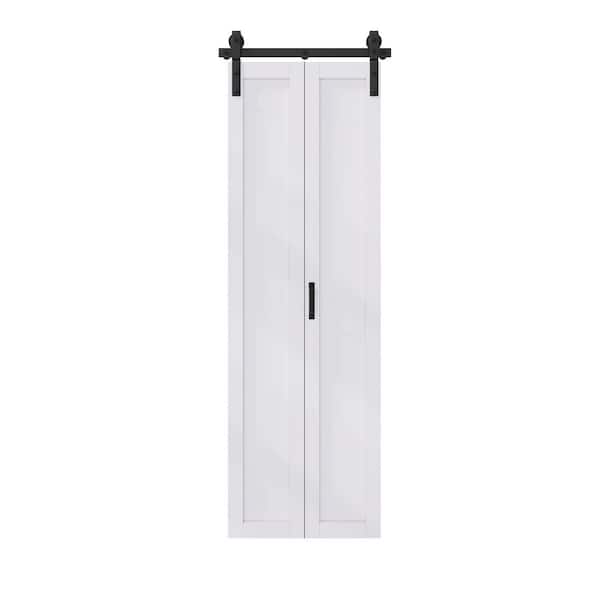 25 in. x 84 in. Assembled Bi-Fold 1 Panel White Primed DIY Available Solid Core MDF Sliding Barn Door with Hardware Kit