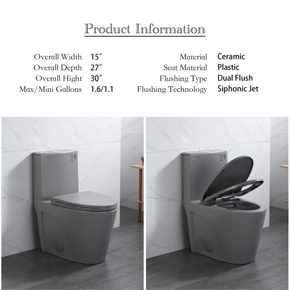 Light Grey Ceramic One-Piece Dual Flush Elongated Toilet