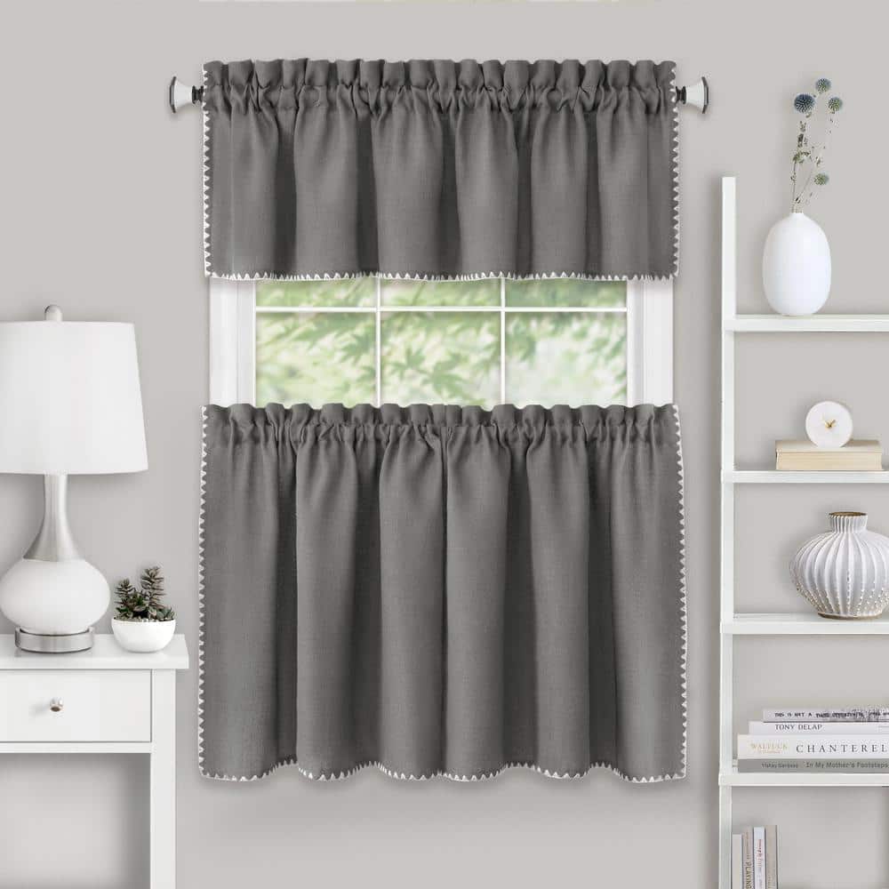 Gray Polyester Light-Filtering Rod Pocket Kitchen Curtain Set