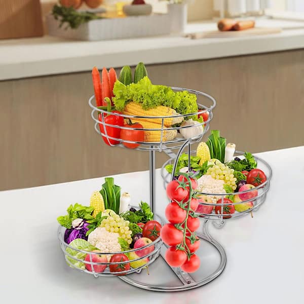1 Piece with Banana Hanger 3-Tier Metal Base Chrome Kitchen Fruit Baskets Set for Kitchen Counter and Bread Snack