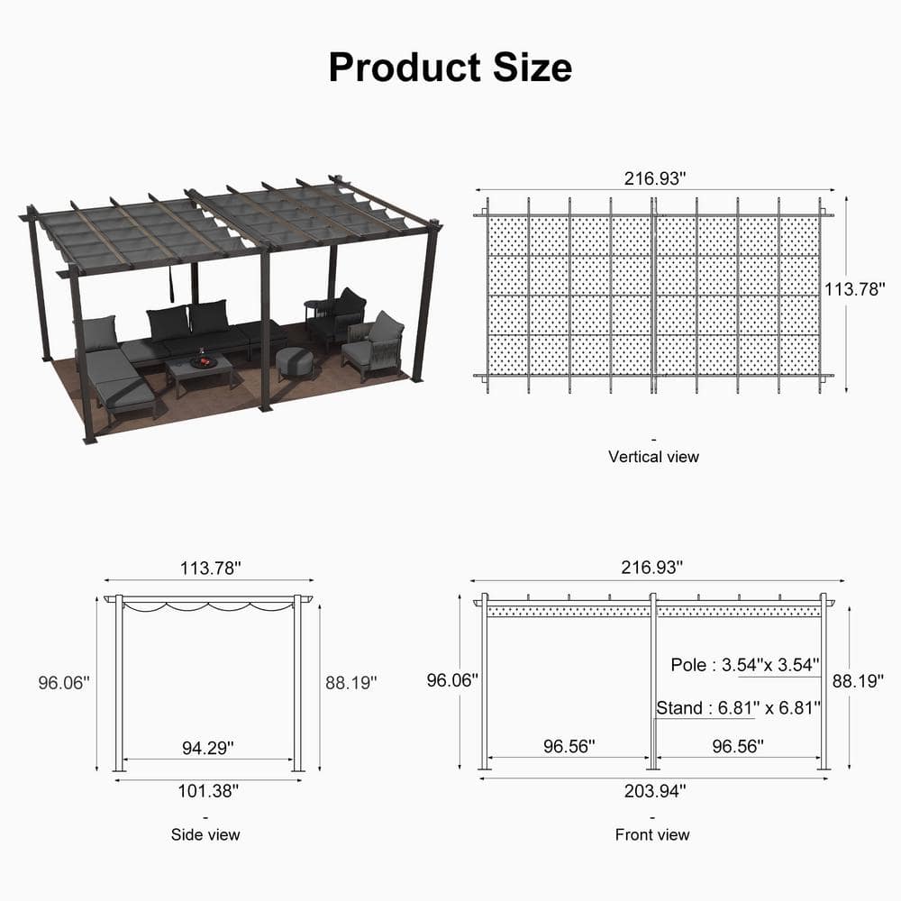 Gray Aluminum Pergola with Retractable Canopy, 10' x 18'