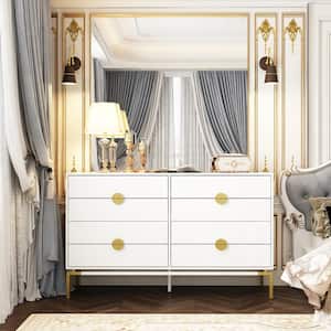 White 8-Drawer 55.1 in. W Dresser, Chest of Drawers, Storage Cabinet with Golden Metal Legs without Mirror