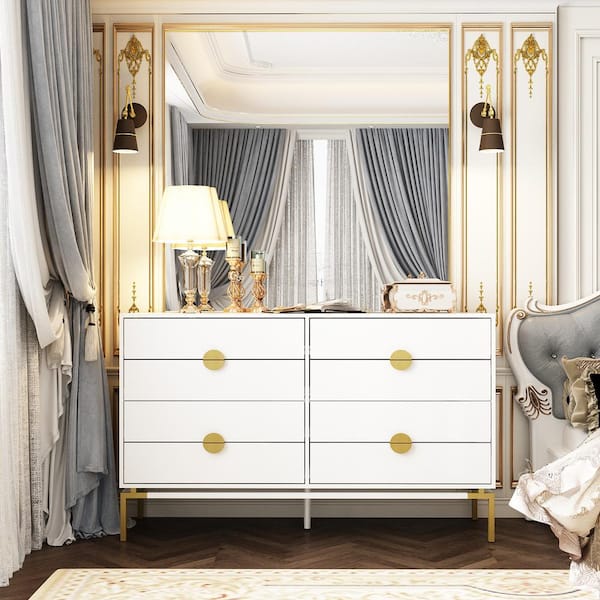 FUFU&GAGA White 8-Drawer 55.1 in. W Dresser, Chest of Drawers, Storage Cabinet with Golden Metal Legs without Mirror