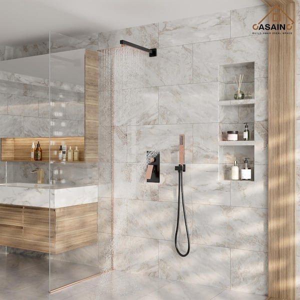 2-Spray 10 in. Wall Mount Dual Shower Heads and Handheld Shower Head with 2.5 GPM in Black and Rose Gold