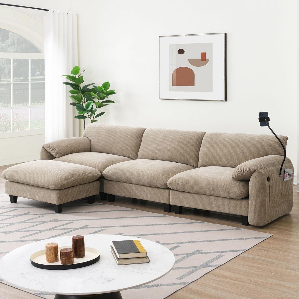 108 in. Modular L-Shape Chenille Sectional Sofa in Khaki with USB Type-C Ch