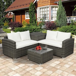 Brown 4-Piece Wicker Outdoor Patio Conversation Set with Beige Cushions