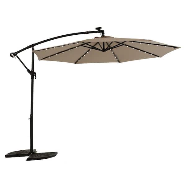 Tidoin 10 ft. Steel Cantilever Solar Tilt Patio Umbrella in Khaki with LED Light