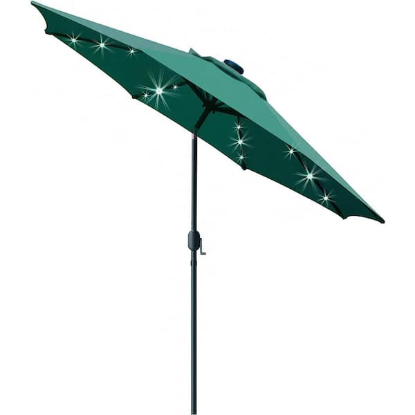 Dyiom 9 ft. Solar LED Lighted Patio Umbrella with 8 Ribs/Tilt Adjustment and Crank Lift System in Dark Green, Beach Word