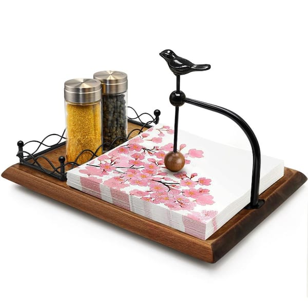 Flat Wooden Napkin Holder with Bird Design and Salt and Pepper Shaker Storage, Walnut Brown, 10.6 in. W
