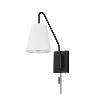 6.5 in. 1-Light Matte Black Swing Arm Plug-In or Hardwire Wall Sconce with White Fabric Shade