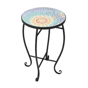 14 in. Round Side End Table Plant Stand Mosaic Accent Table Concrete Top Metal Frame
