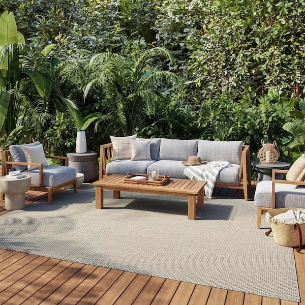 Courtyard Ivory Silver 8 ft. x 10 ft. Geometric Contemporary Indoor/Outdoor Patio Area Rug