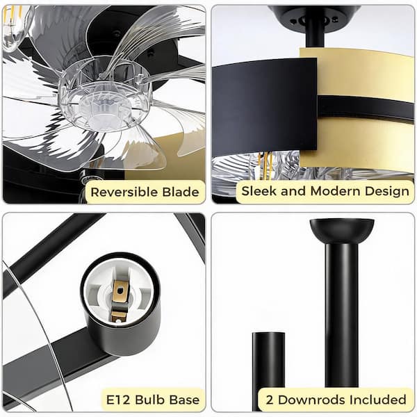 JUSHENG 18 in. Black and Gold Downrod Mount Ceiling Fan with Light