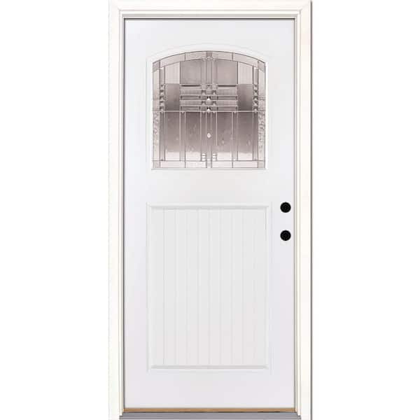 Feather River Doors 37.5 in. x 81.625 in. Monroe Zinc Craft Arch 1/4 Lite Painted White Mahogany LH Inswing Fiberglass Prehung Front Door