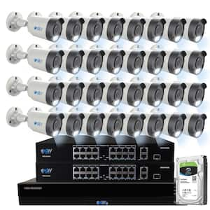 32-Channel 8MP 8TB NVR Smart Security Camera System with 32 Wired Bullet POE Cameras, Spotlight, Fixed Lens, Microphone