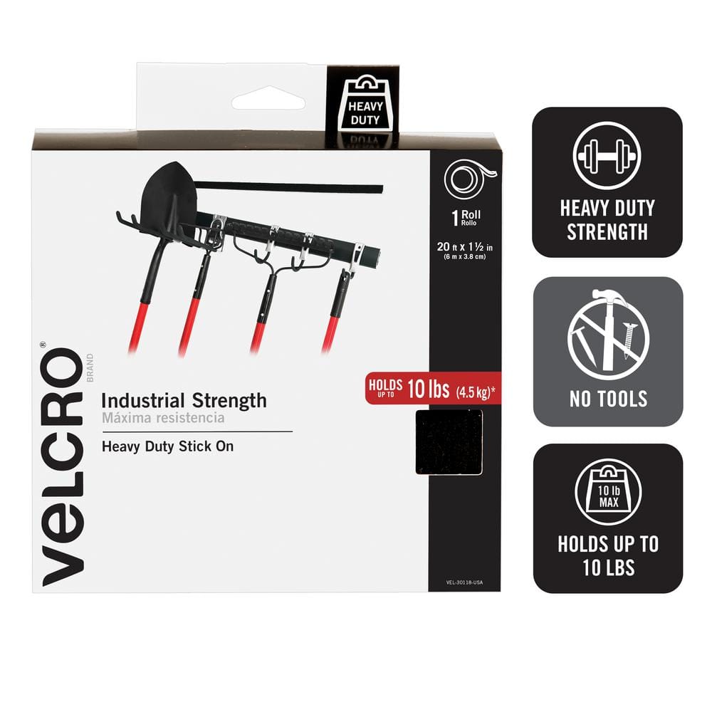 VEL-30703-USA VELCRO Brand Heavy Duty Fasteners Indoor or Outdoor Use Black Industrial Strength Stick On Tape Holds 10 lbs 4x2 Inch Strips with Adhesive 8 Sets 