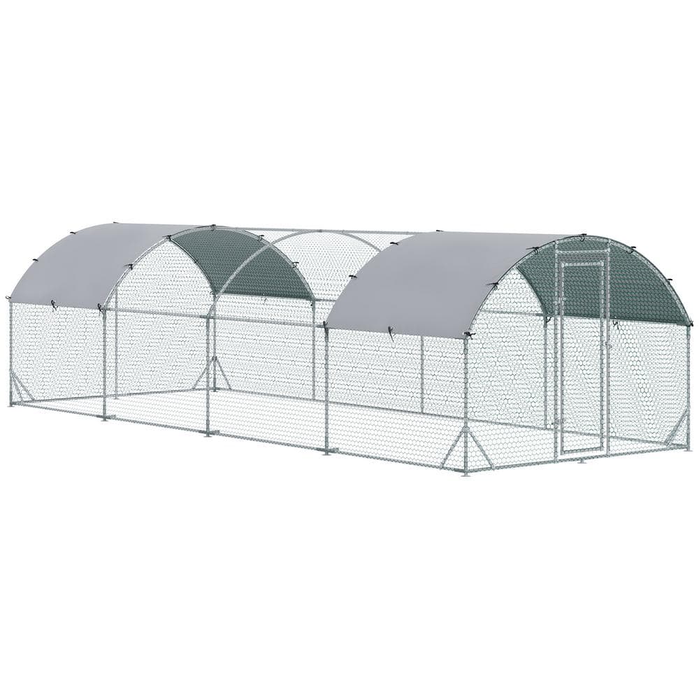 Large Silver Metal Walk-In Chicken Coop with UV-Resistant Cover