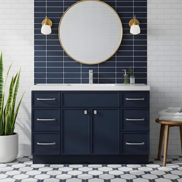 Manhattan 48 in. W x 21 in. D x 36in. H S/Sink Freestanding Bath Vanity in Blue with White Cultured Marble Top in White