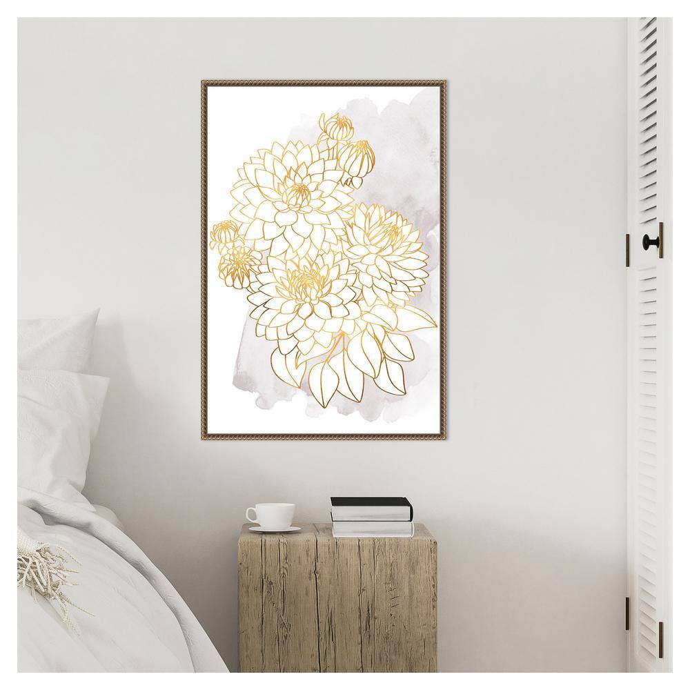 Gold and Gray Dahlia Bouquet Framed Canvas Wall Art