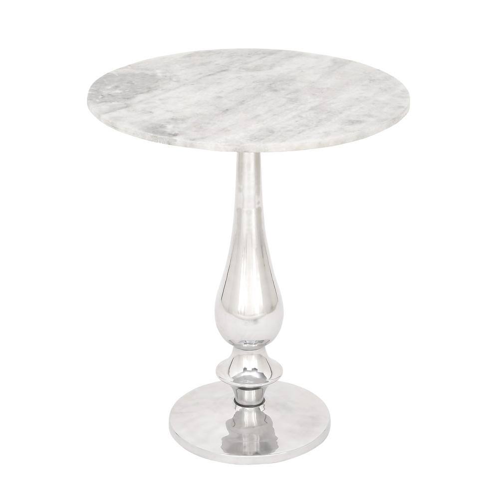 White Marble and Silver Aluminum Round Accent Table