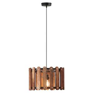 Kolten 1-Light Brown Hanging Pendant with Wooden Slats Shaded