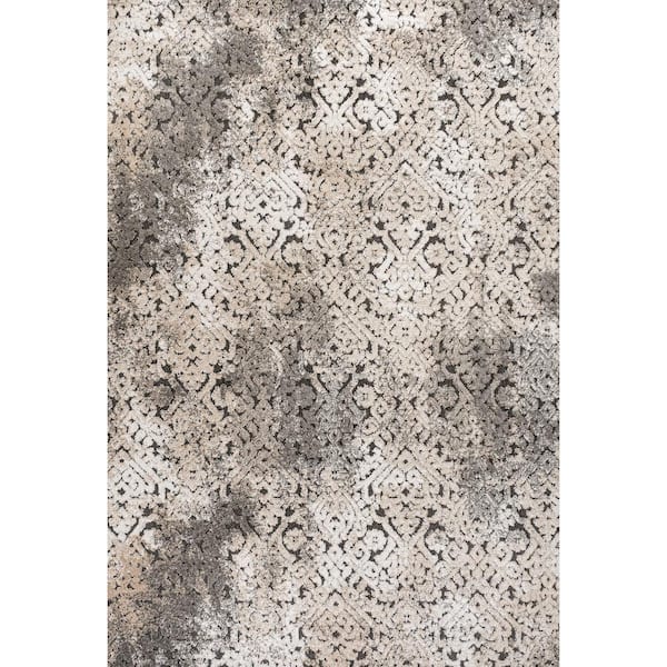 Cream/Beige/Dark Gray 3 ft. x 5 ft. Duenas High-Low Shabby Damask Indoor/Outdoor Area Rug