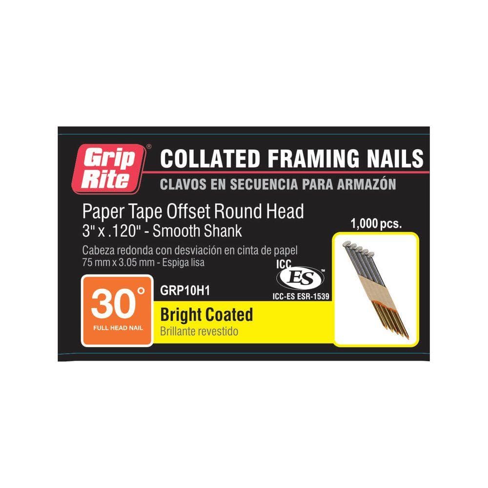 GripRite 3 in. x 0.120 in. 30Degree Collated Papertape Smooth Framing Nails (1,000 Per Box