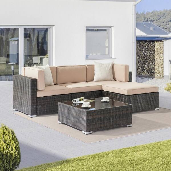 Sonkuki 5-Piece Rattan Wicker Patio Conversation Sectional Seating Set with Sand Cushions