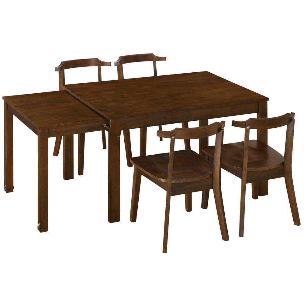Brown 5-Piece Solid Wood Outdoor Dining Extendable Rectangular Table Set wi