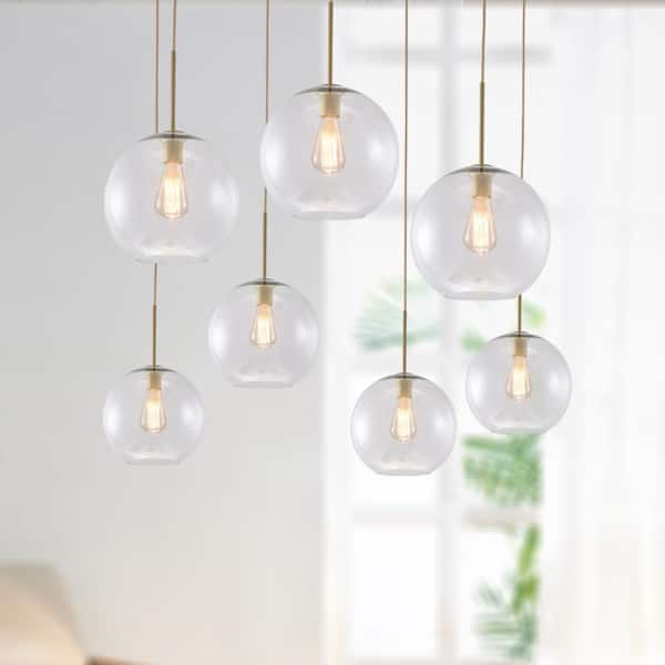 Reverso 7-Light 41.7 in. W Stain Gold Waterfall Cluster Rectangler Large Modern Chandelier with 2-Size Globe Clear Glass