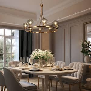 39.3 in. Modern 8-Light Brass Wagon Wheel Chandelier for Kitchen Island with Grey Smoky Glass Shades Dining Room Pendant