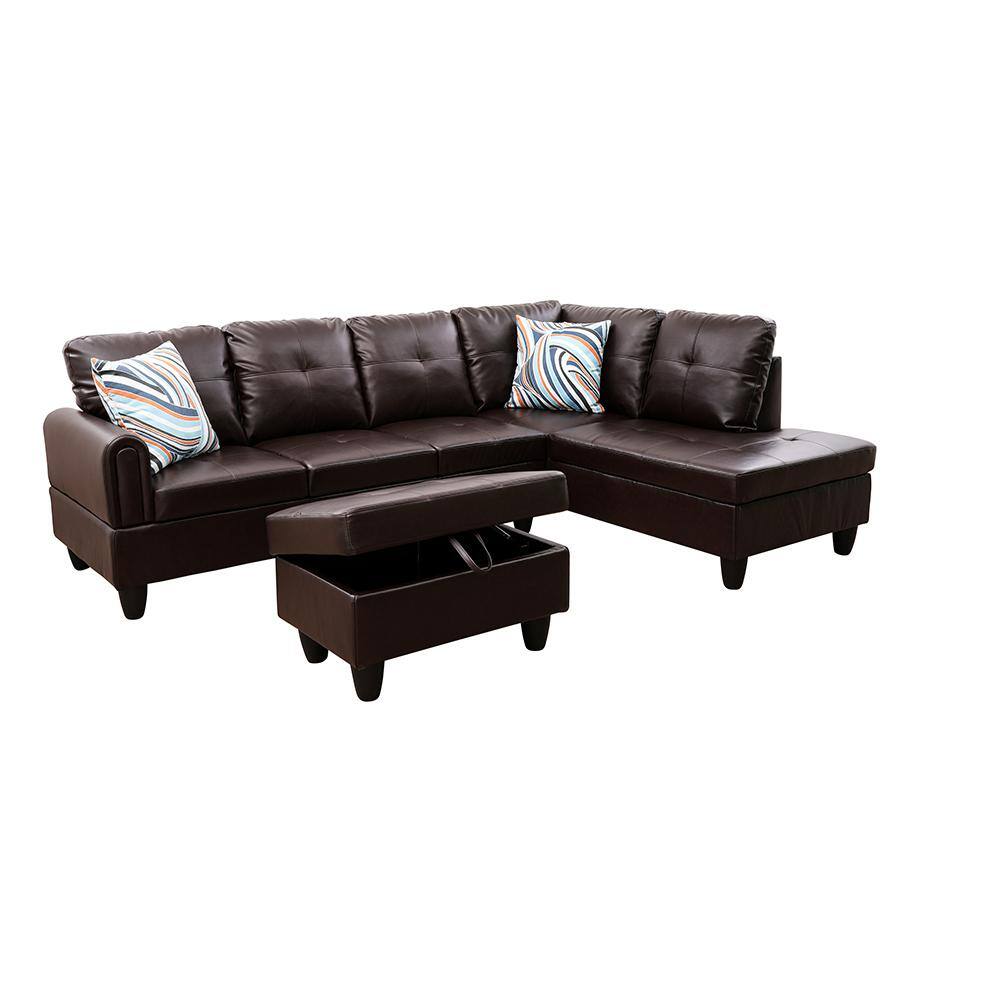 StarHomeLiving 25 in. W 3-piece Leather L Shaped Sectional Sofa in Brown