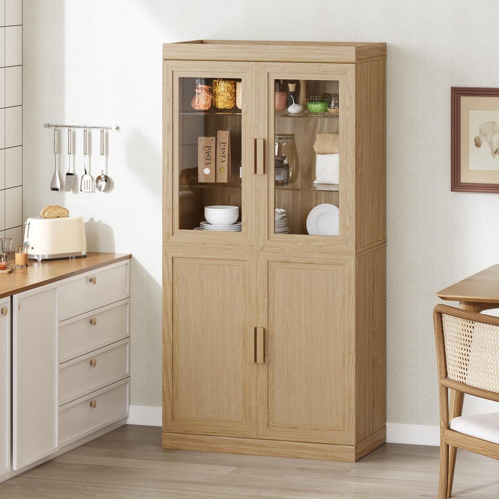 57 in. 6-Shelf Natural Wood Tall Kitchen Pantry Storage Organizer with Adjustable Shelves