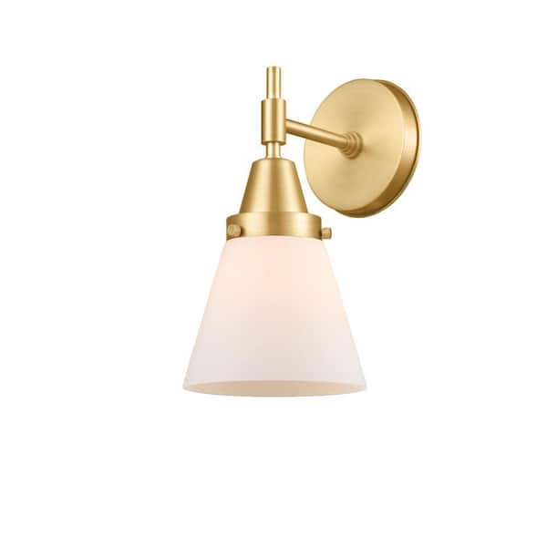 Cone 1-Light Satin Gold Wall Sconce with White Glass Shade