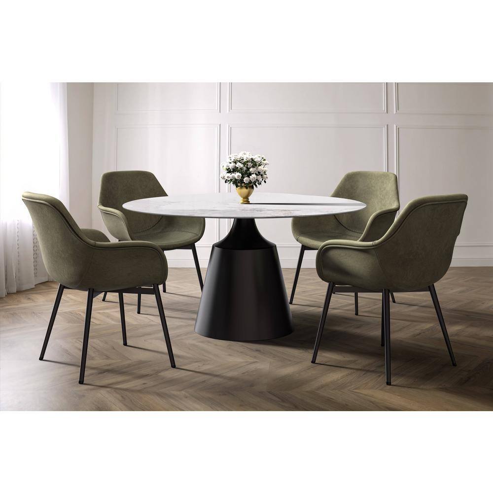 Prynn 60'' White Grey Round Glass Dining Table with Black Pedestal Base