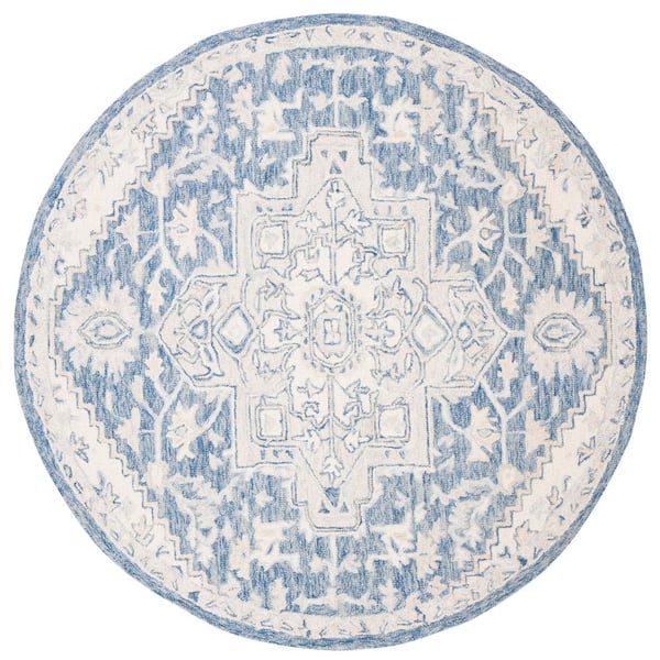 Micro-Loop 9 ft. x 9 ft. Round Blue/Ivory Floral Medallion Area Rug