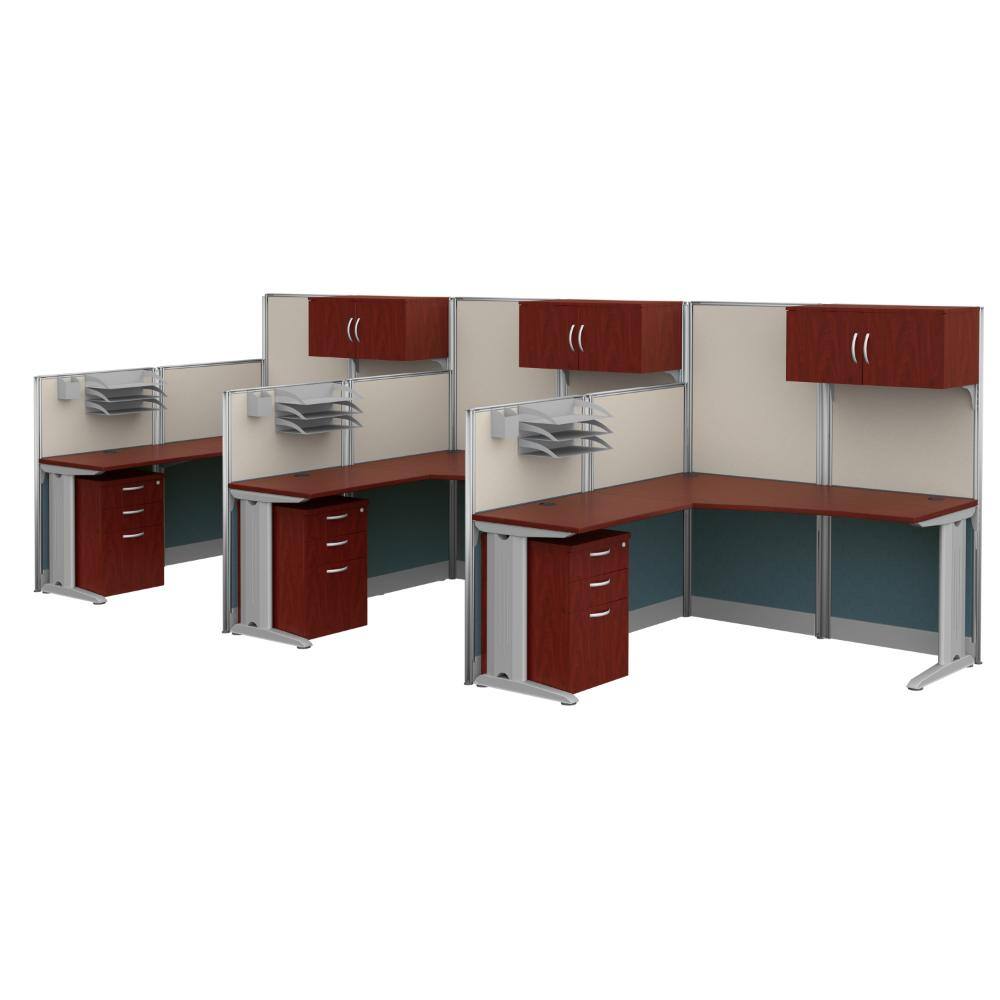 Instant Office 63"H x 193"W 3 Person L-Shaped Cubicle Panel Workstation w/ Storage, Hansen Cherry