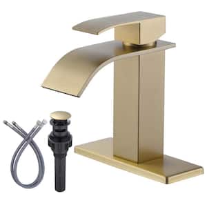 Single-Handle Single-Hole Bathroom Faucet with Deckplate Included and Supply Lines in Brushed Gold