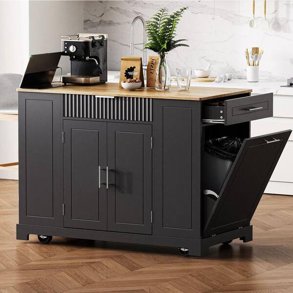 Tileon Black Wood 48.5 in. W Kitchen Island with Trash Can, Power
