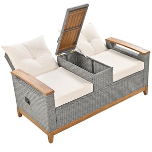 Gray Wicker Outdoor Loveseat with Storage Space Beige Cushion Suitable for Courtyards Swimming Pools