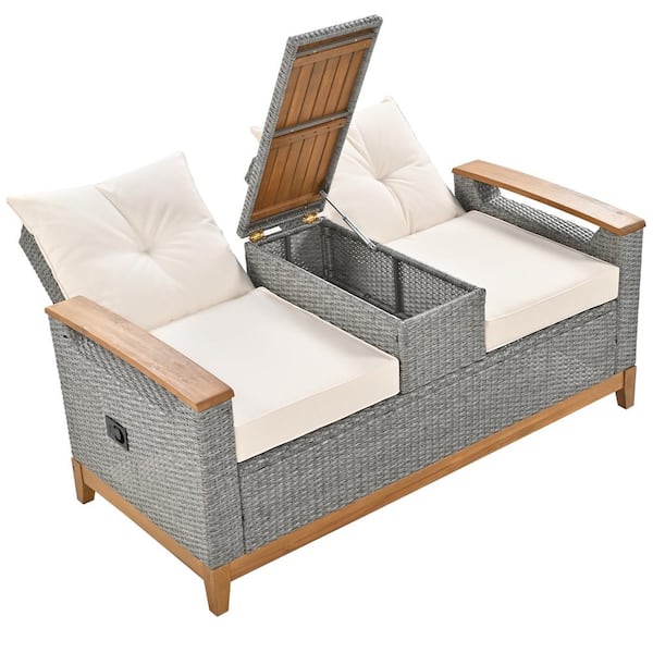 Zeus & Ruta Gray Wicker Outdoor Loveseat with Storage Space Beige Cushion Suitable for Courtyards Swimming Pools