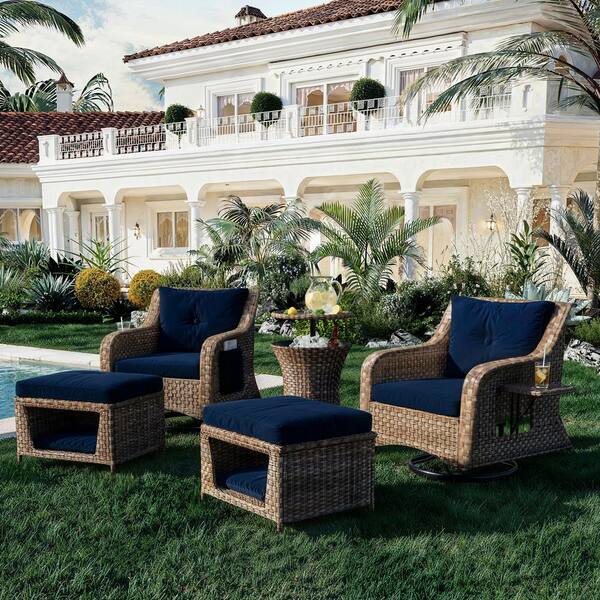 5-Piece Wicker Outdoor Patio Sectional Set with Blue Cushions, Retractable Side Tray and Pop-Up Cool Bar Table