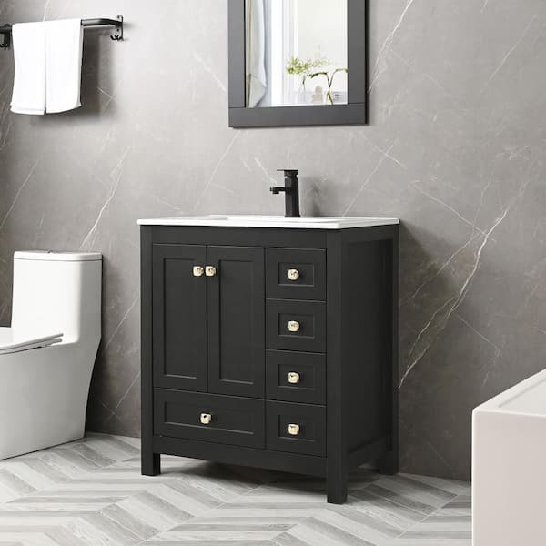 30 in. W x 18.3 in. D x 34 in. H Single Sink Bath Vanity in Black with White Ceramic Top and Mirror Drain Faucet Set