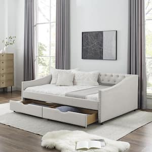 Beige Full Size Daybed with Drawers Upholstered Tufted Sofa Bed with Button on Back and Copper Nail on Waved Shape Arms