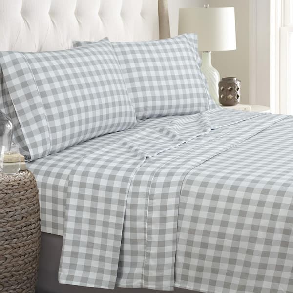 ROYALE LINENS 1800 Series Luxury Hotel Collection 3-Piece Grey Gingham Print Brushed Microfiber Twin Hypoallergenic Sheet Set