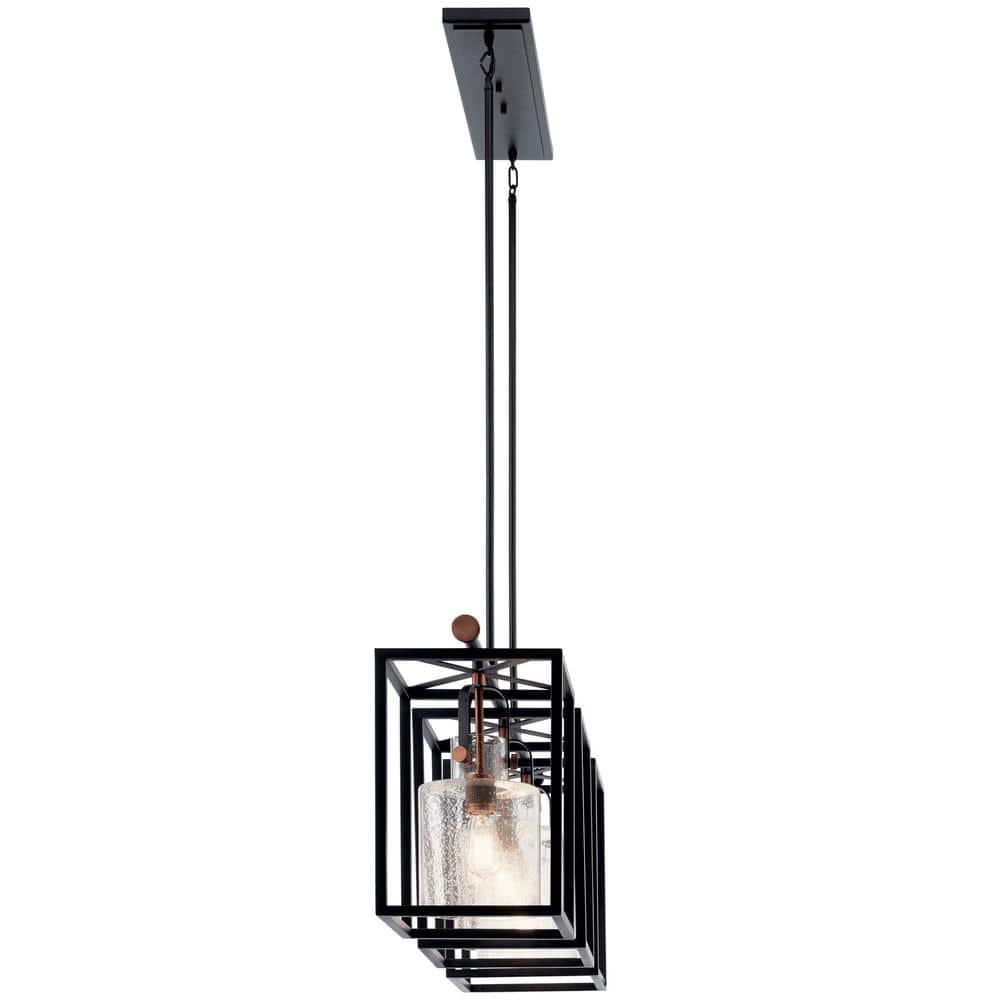 Black Steel Cage 3-Light Linear Chandelier with Clear Seeded Glass