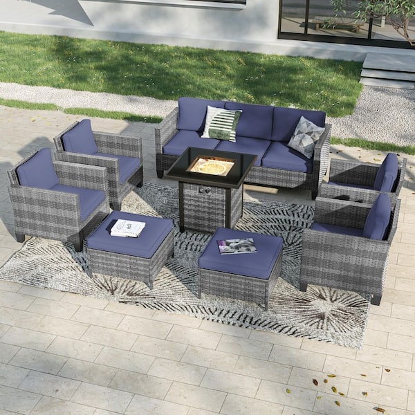 8-Pieces Patio Conversation Set with Square Fire Pit Table and Ottomans, PE Gray Wicker Sofa with Navy Blue Cushion