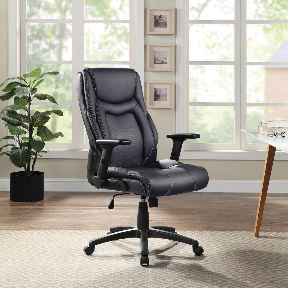 Executive High Back Swivel Office Chair with Adjustable Arms in Black Leather