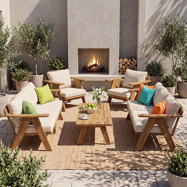 Klyvor 5-Piece Teak Acacia Wood Outdoor Patio Conversation Sofa Set with Beige Cushions and Coffee Table